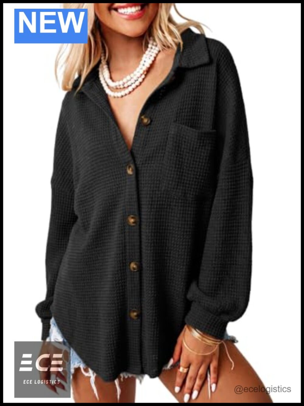 Waffle Knit Shacket Button Down Shirt Loose Fit Boyfriend Style